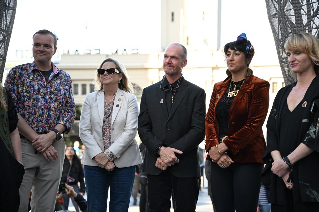 Marco Cochrane and attendees at the unveiling of the R-EVOLUTION sculpture in San Francisco.