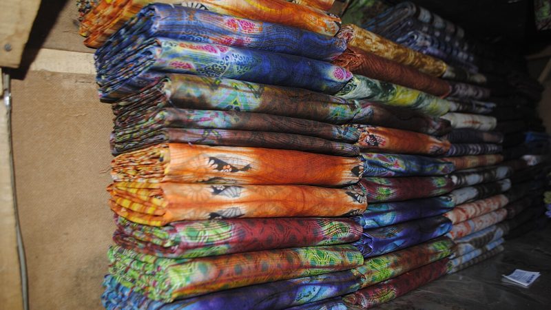 A stack of adire cloth from Abeokuta