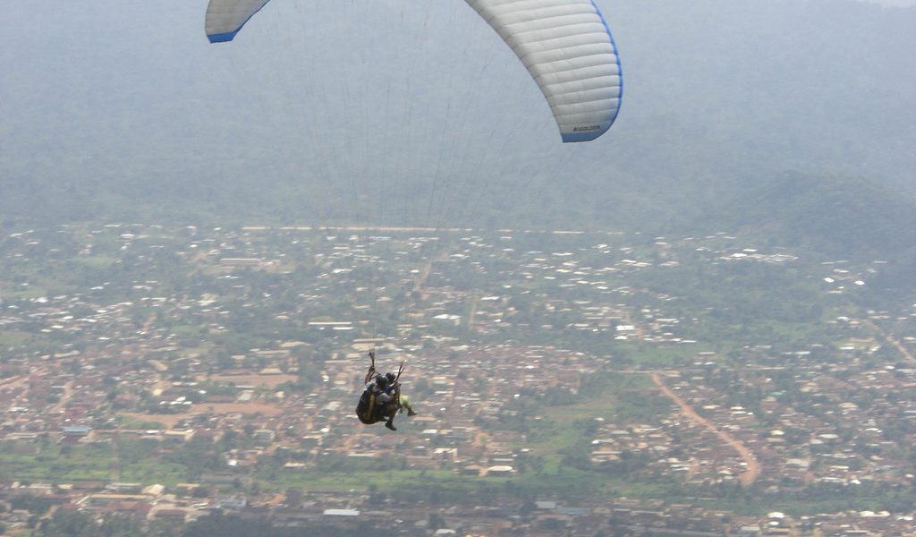 A paraglider over Nkawkaw in the Kwahu area of Ghana's Eastern Region